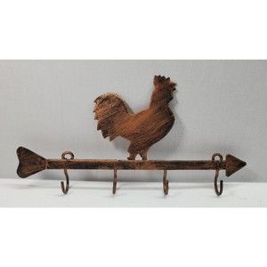 Rooster Metal Arrow Key Hanger 4 Hooks Wall Decor Brass Color Farmhouse Rustic